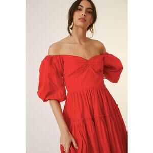 Anthropologie Atsu Off-The-Shoulder 100% Poplin Tiered Puff Sleeve Midi Dress